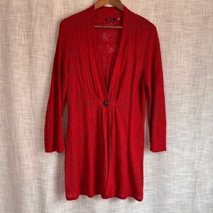 Nic + Zoe Linen Blend Open Crochet Long Line Cardigan Sweater Red Size XL